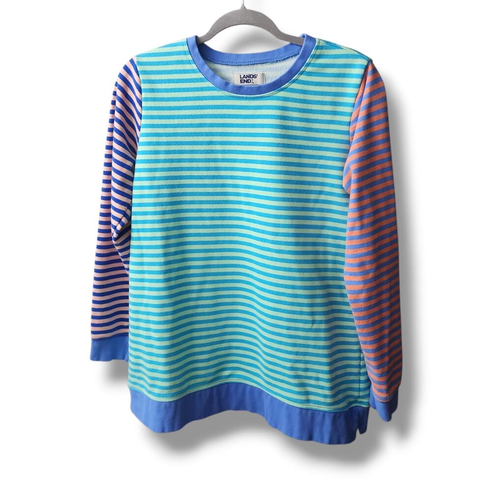 Lands' End Serious Sweats Cotton Blend Striped Colorblock Crewneck Sweatshirt